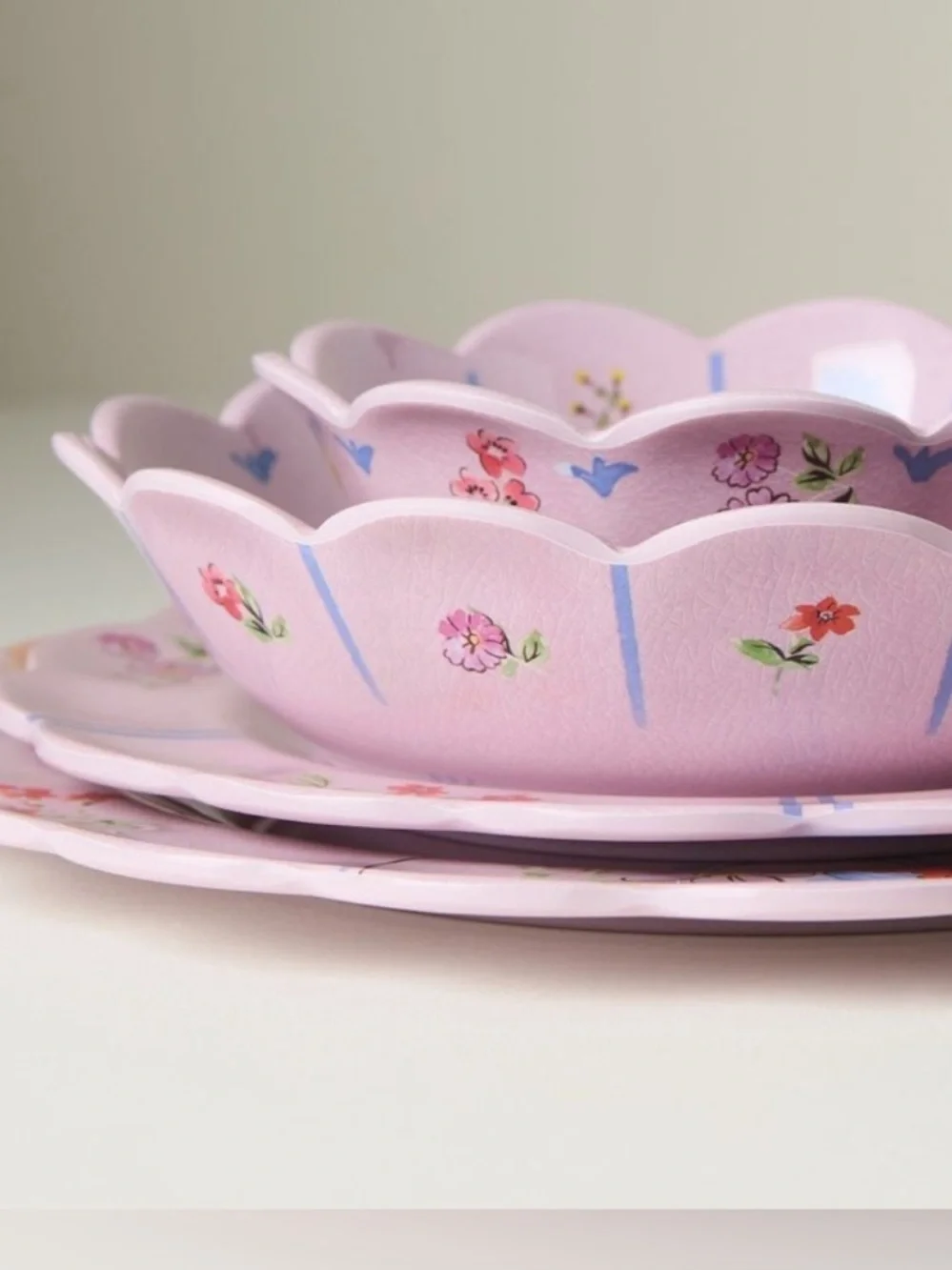 Anthropologie Pink Floral Melamine Pasta Scalloped Bowl